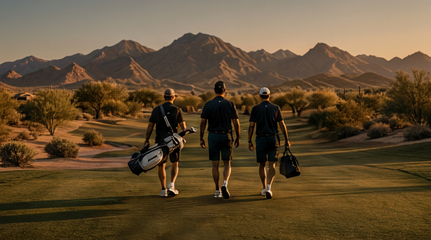 Four golfers in matching black FIFE polos walking a desert course at sunset