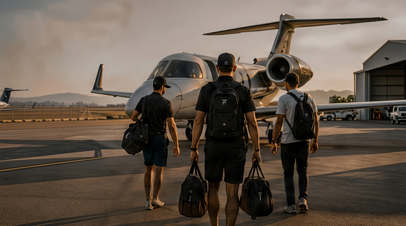 Group walking across the tarmac toward a private jet with golf bags